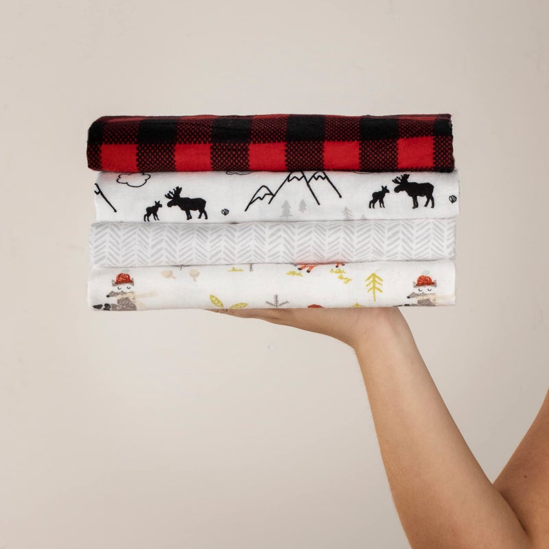 Trend Lab Buffalo Check Woodland 4 Pack Flannel Blankets-Buffalo Check, Winter Woods, Herringbone and Moose Mountain Prints, Red, Black, Gray, Green, Flannel, 30 in x 30 in Each - Image 3